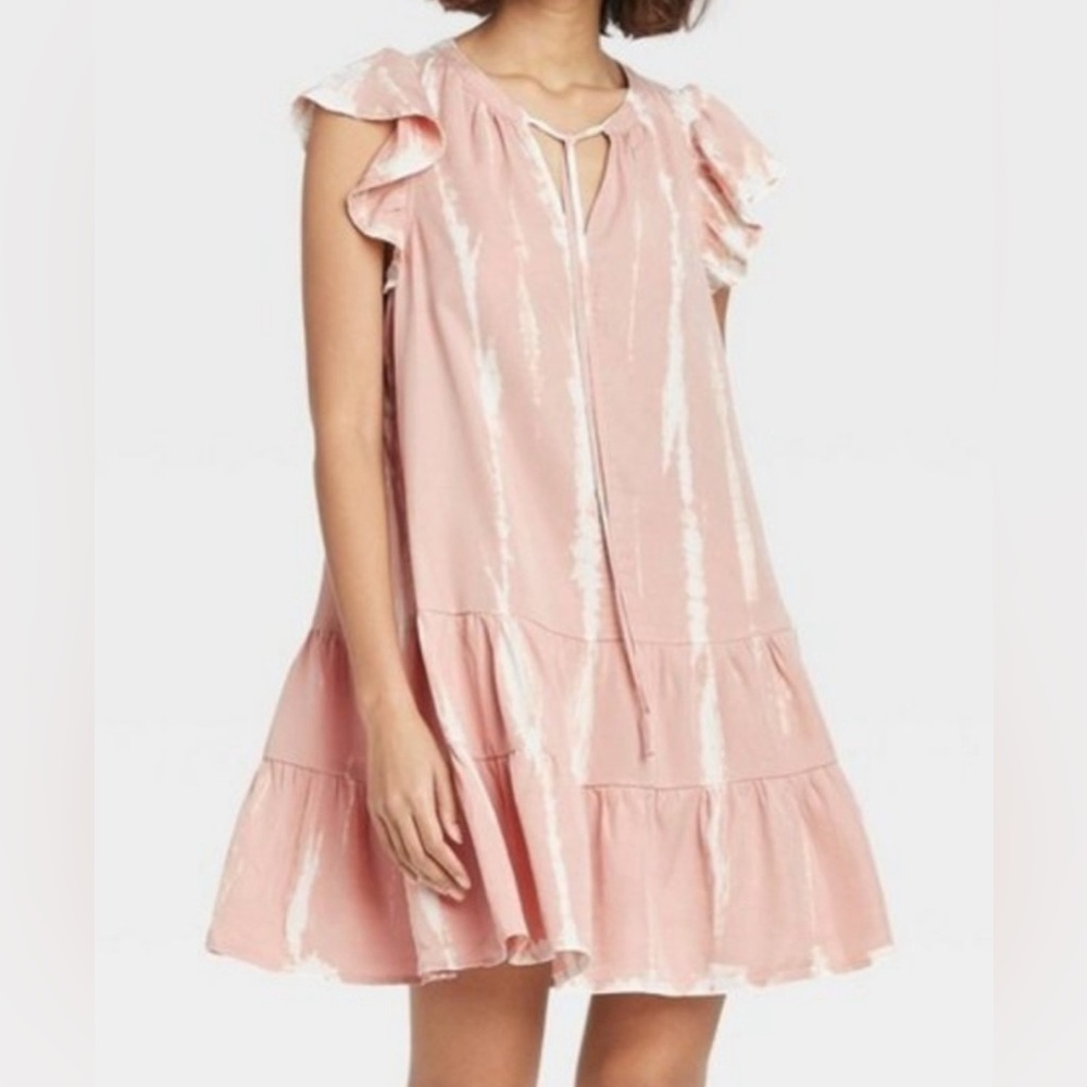 Knox Rose- Women’s Pink Tie Dye Flutter Sleeve Tiered Hem Loose Fit Dress (S)